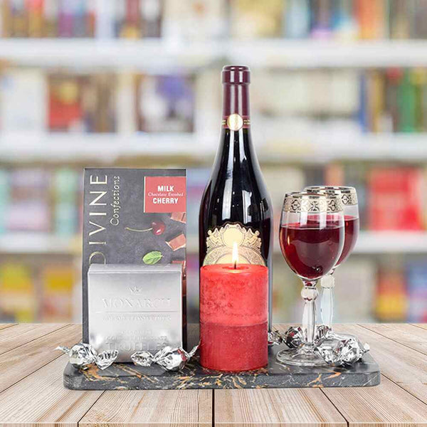 Chocolate Cherries, Candle, & Wine Gift Set - wine gift baskets