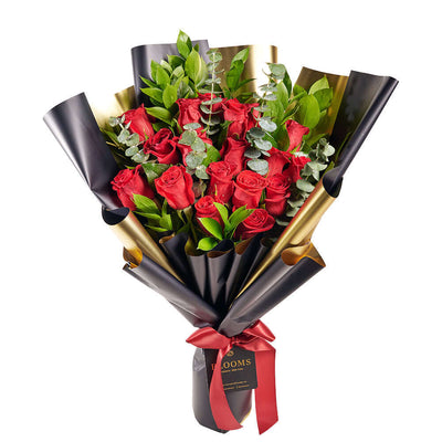 Classic Rose Bouquet, Beautiful selection of hand-tied red roses with decorative greenery accents in a floral wrap tied with a designer ribbon. Flower Gifts from Monthly Sommelier USA - Same Day USA Delivery.