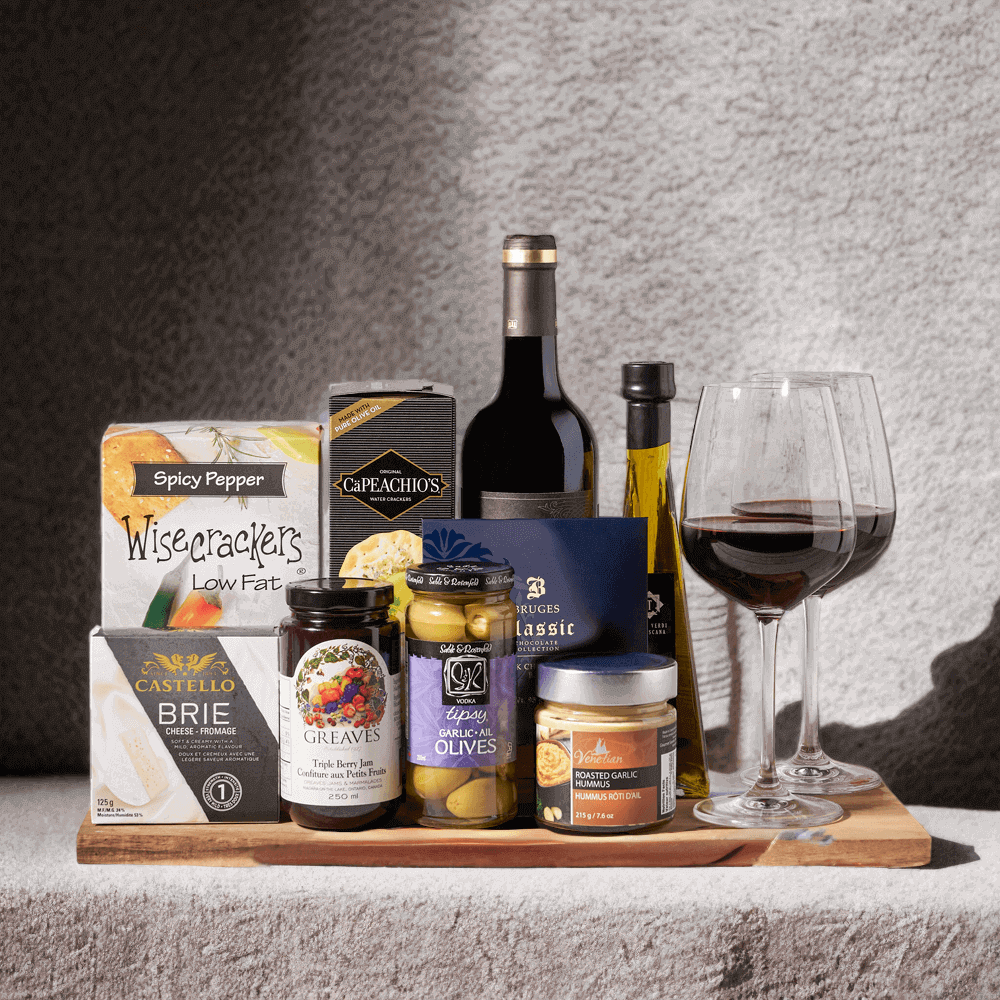The Complete Wine Gift Basket. Complete with rich hummus, smooth gourmet cheese, crackers, chocolate, garlic olives, fine wine, and so much more,