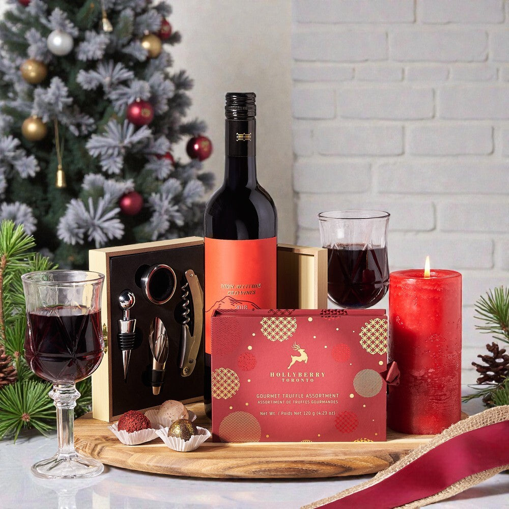 Christmas Wine Lover Gourmet Basket, Wine Gift Baskets, Chocolate Gift Baskets, Wine, Chocolate Truffles, Candle, USA Delivery