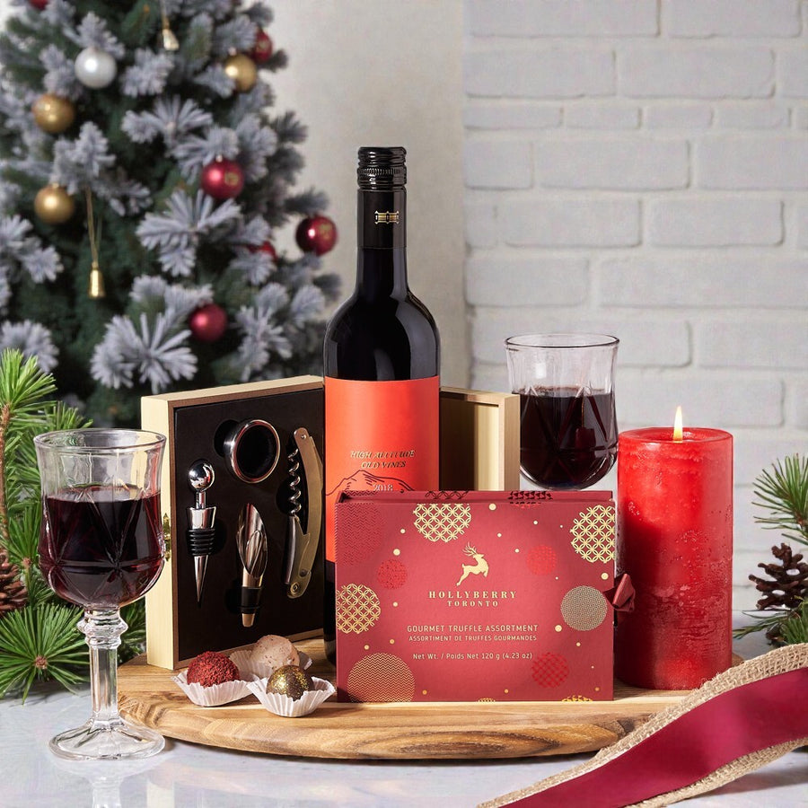 Christmas Wine Lover Gourmet Basket, Wine Gift Baskets, Chocolate Gift Baskets, Wine, Chocolate Truffles, Candle, USA Delivery