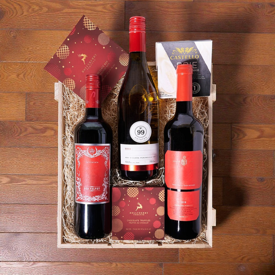 Winter Wine Trio, candy, chocolate, chocolate bar,  Christmas,  Christmas Cookie,  Christmas set,  gourmet,  wine,  wooden box, Christmas Wine Trio, Wine Box Trio delivery