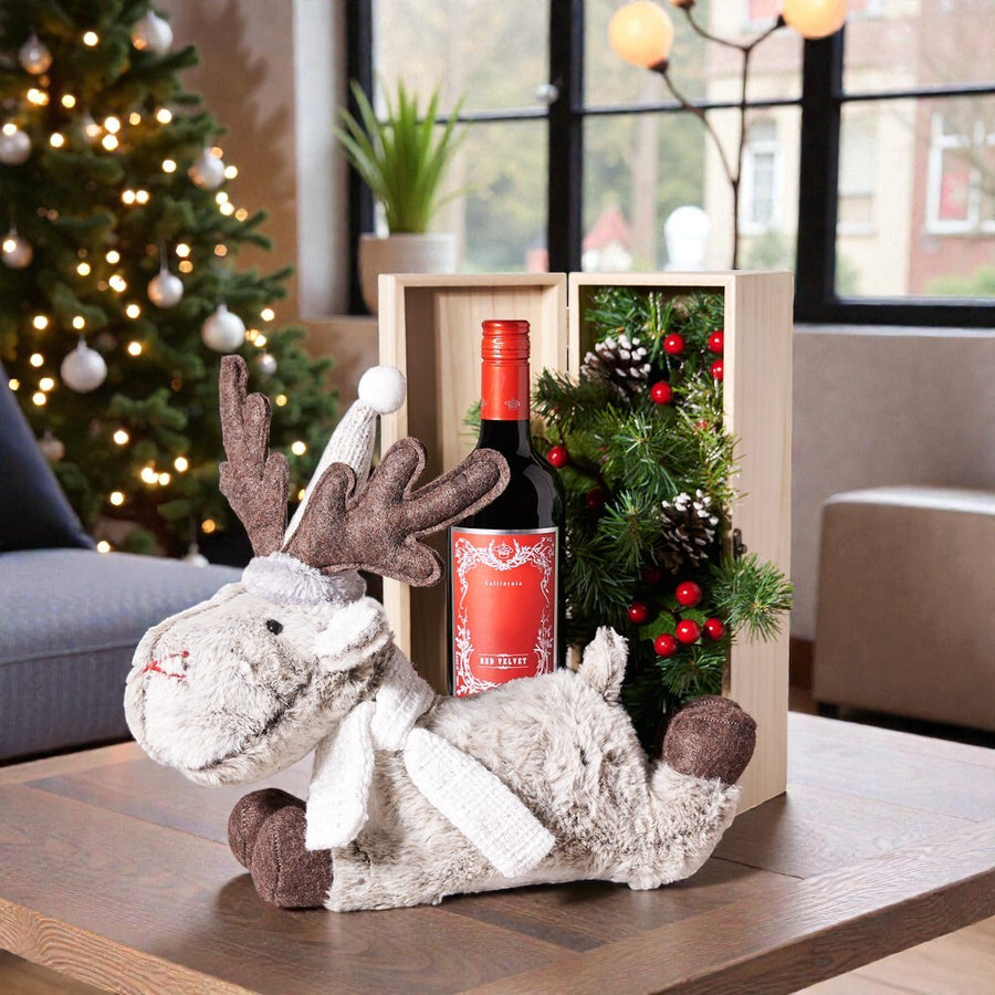 North Pole Christmas Wine Box, Christmas Gift Baskets, Wine Gift Baskets, Wine, Reindeer Plushy, USA Delivery
