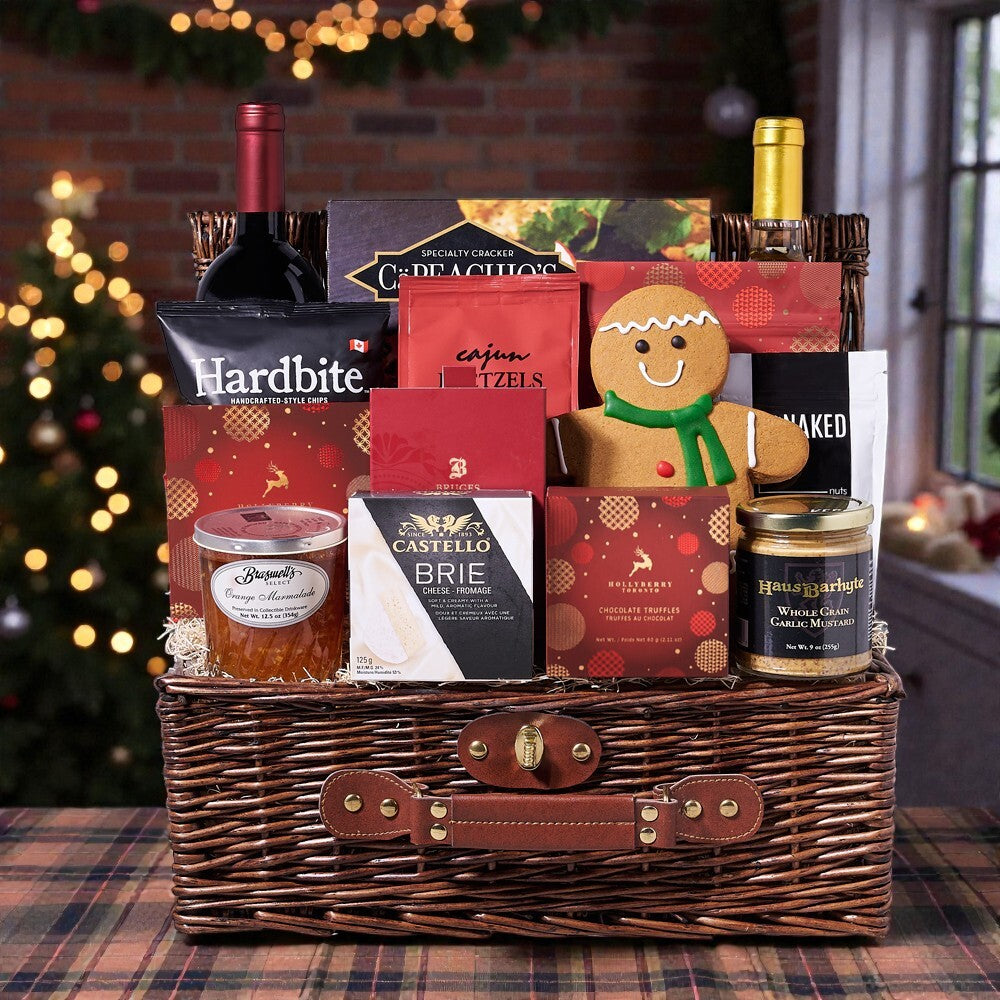 Christmas Wine Indulgence Basket, chocolate, wine, wine gift basket, gift basket, basket, gift, goodies, Christmas, holiday, pretzel, popcorn, chips, shortbread, cookies, delivery, US