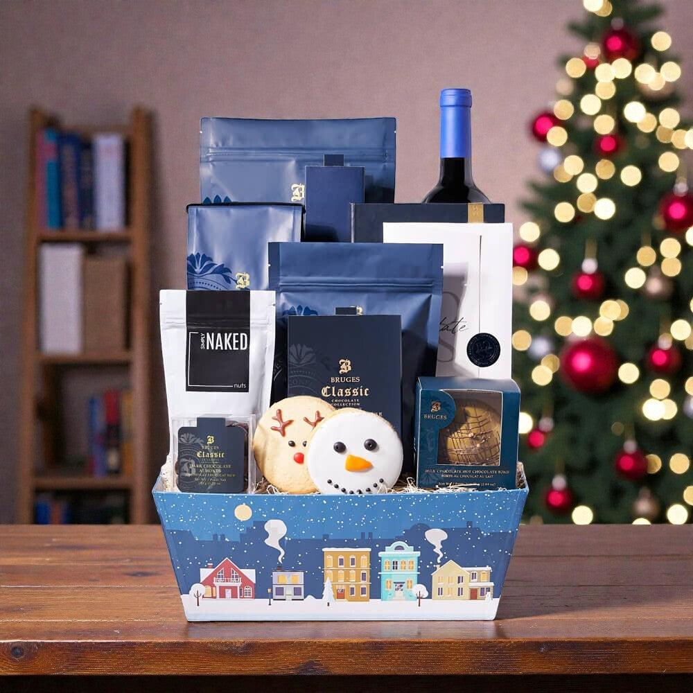 Jolly Winter Wine & Chocolate Basket, Christmas gift, Christmas, holiday gift, holiday, wine gift, wine, coffee gift, coffee, cookie gift, cookie