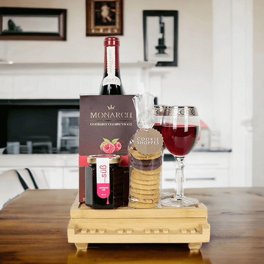 "A Taste of Raspberry" Cookies & Wine Gift Basket from Monthly Sommelier USA - Wine Gift Basket - USA Delivery