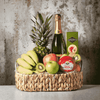 Bountiful Harvest & Bubbly Gift Basket features Fresh Fruit & Gourmet Goodies. 