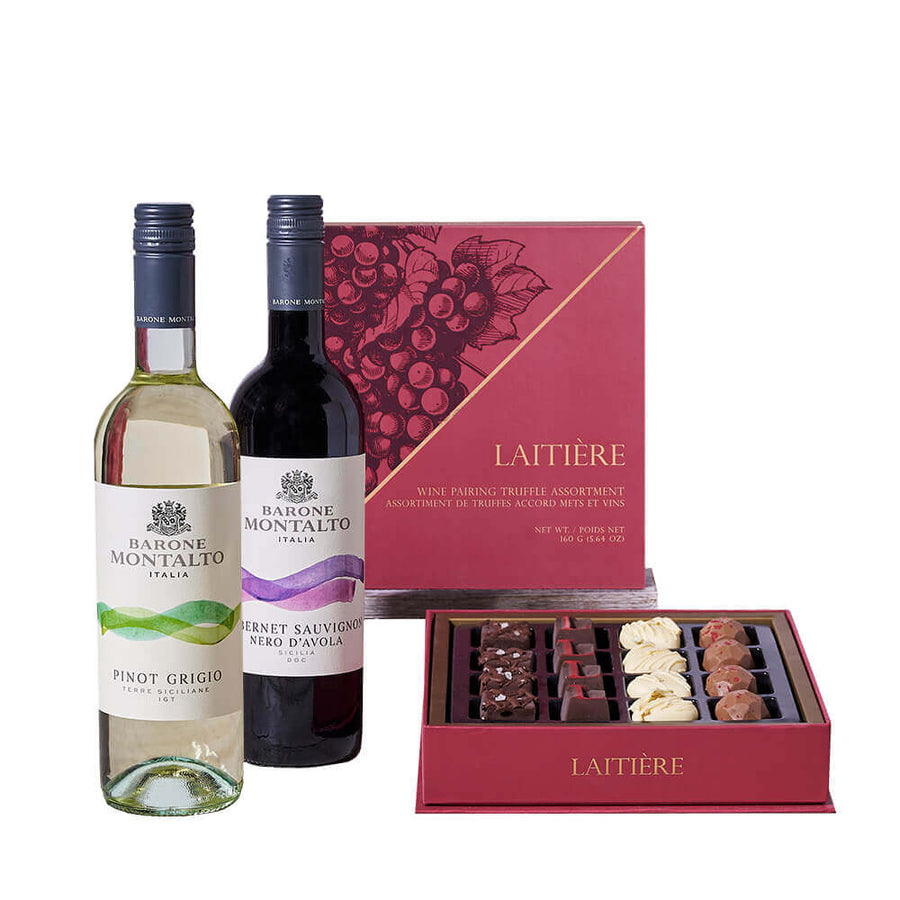 Chocolate & Sicilian Barone Montalto Red & White Wine Gift, wine gift, wine, italian wine gift, italian wine, wine duo gift, wine duo, chocolate gift, chocolate