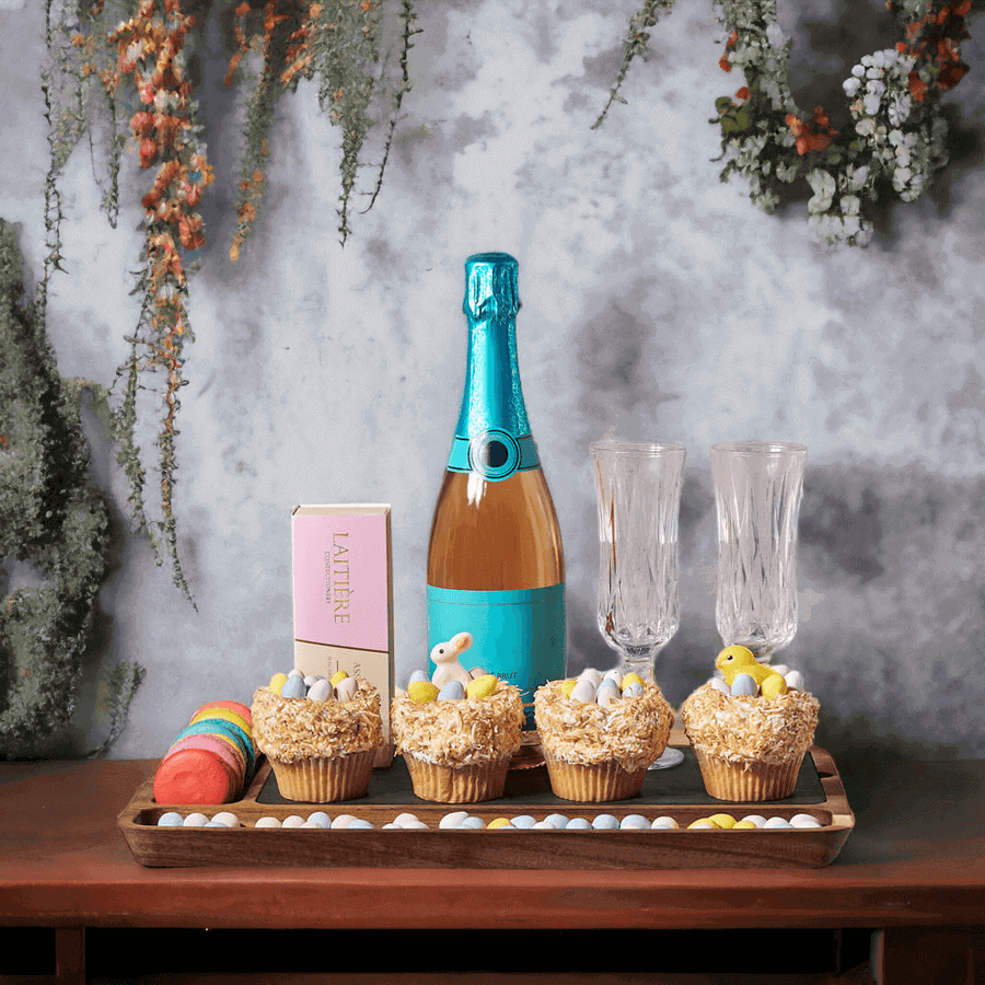Easter Cupcakes & Sparkling Wine - This gift includes a bottle of sparkling wine, Cupcakes and Macarons