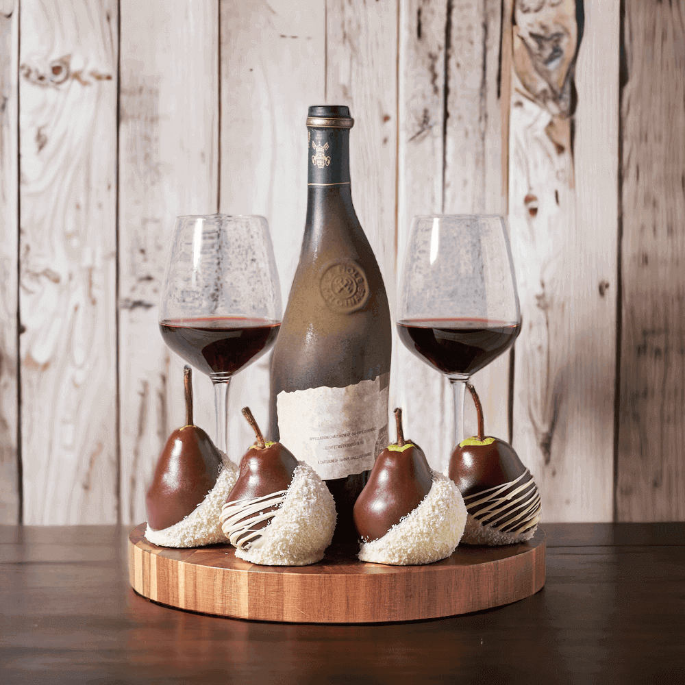 This classy gift set includes our fresh and delicious chocolate-dipped pears enrobed in decadent gourmet chocolate, then accented with a beautiful design made from white chocolate.