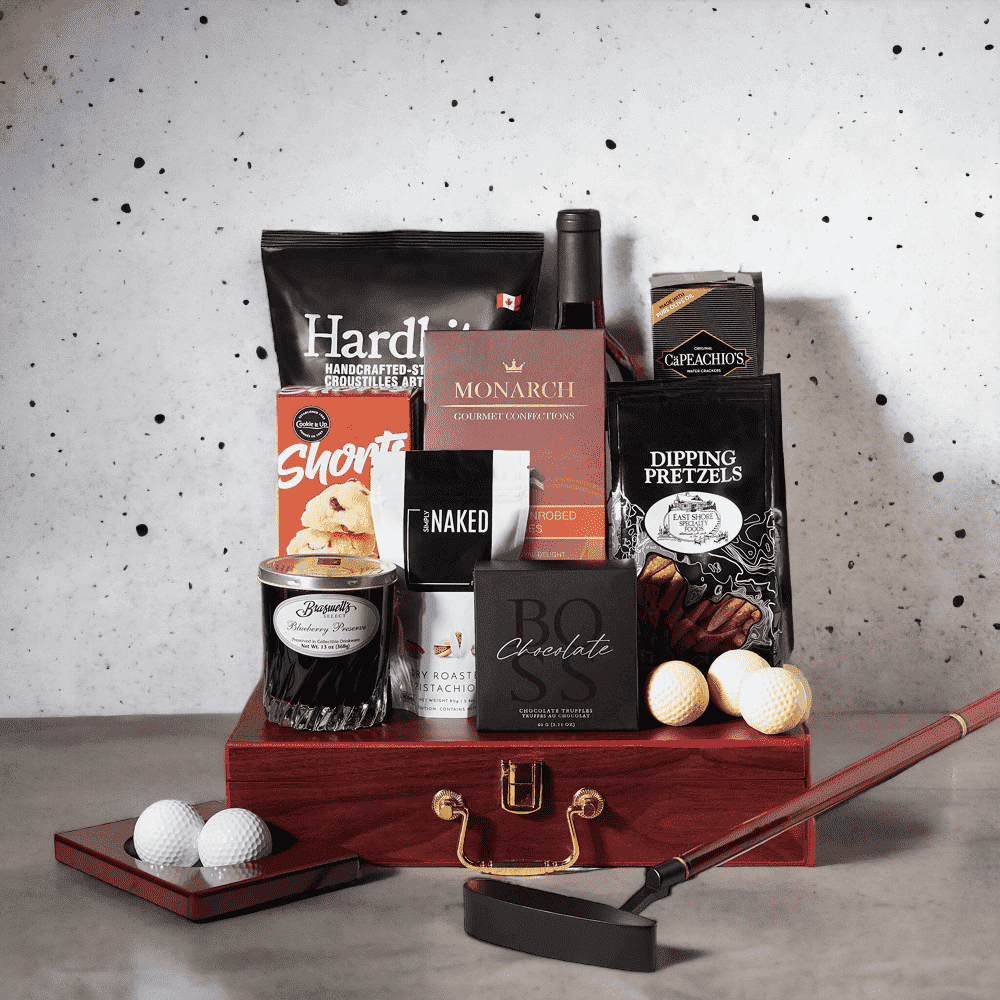 "For the Love of Golf" Wine Gift Basket includes: Wine, (Nuts) Simply Naked Dry Roasted Pistachios, Chocolate, White Chocolate, Chips, Crackers, Braswell's Blueberry Preserves, Putter Set, Cookies and East Shore Dipping Pretzel.