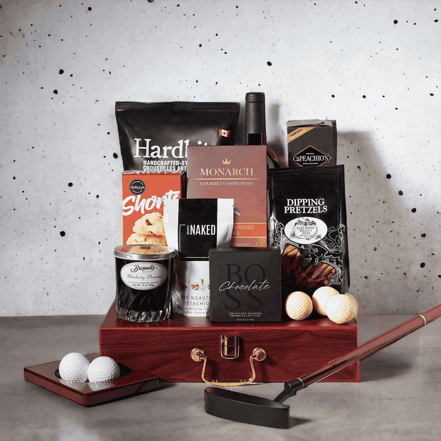 "For the Love of Golf" Wine Gift Basket includes: Wine, (Nuts) Simply Naked Dry Roasted Pistachios, Chocolate, White Chocolate, Chips, Crackers, Braswell's Blueberry Preserves, Putter Set, Cookies and East Shore Dipping Pretzel.