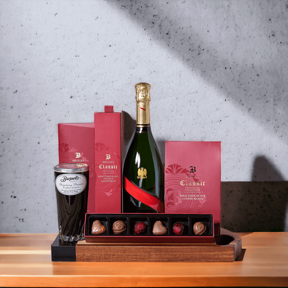 With a bottle of sparkling wine, milk chocolate covered coffee beans, milk chocolate truffles, a chocolate bar, and strawberry preserves, this gift is sure to be a hit!