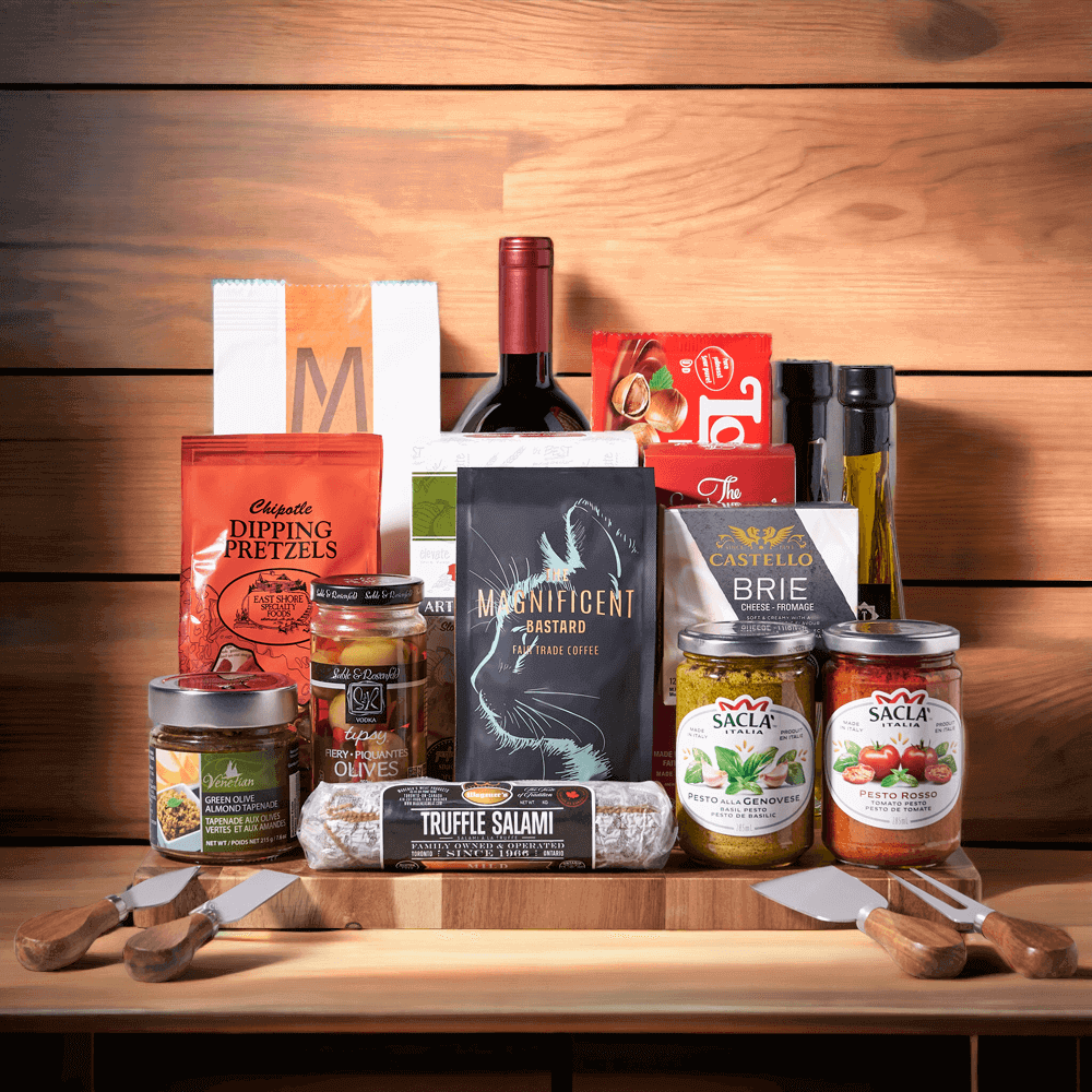 "Italian Flavour & Wine Gift Basket" It has a medley of crunchy, tender, and mouth-watering snacks that make it perfect for any occasion.