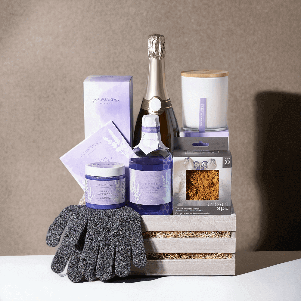 Sparkling Wine Spa Gift Crate that's laden with amazing products like a bottle of sparkling wine (that can be upgraded or customized from our extensive collection of alcohol),