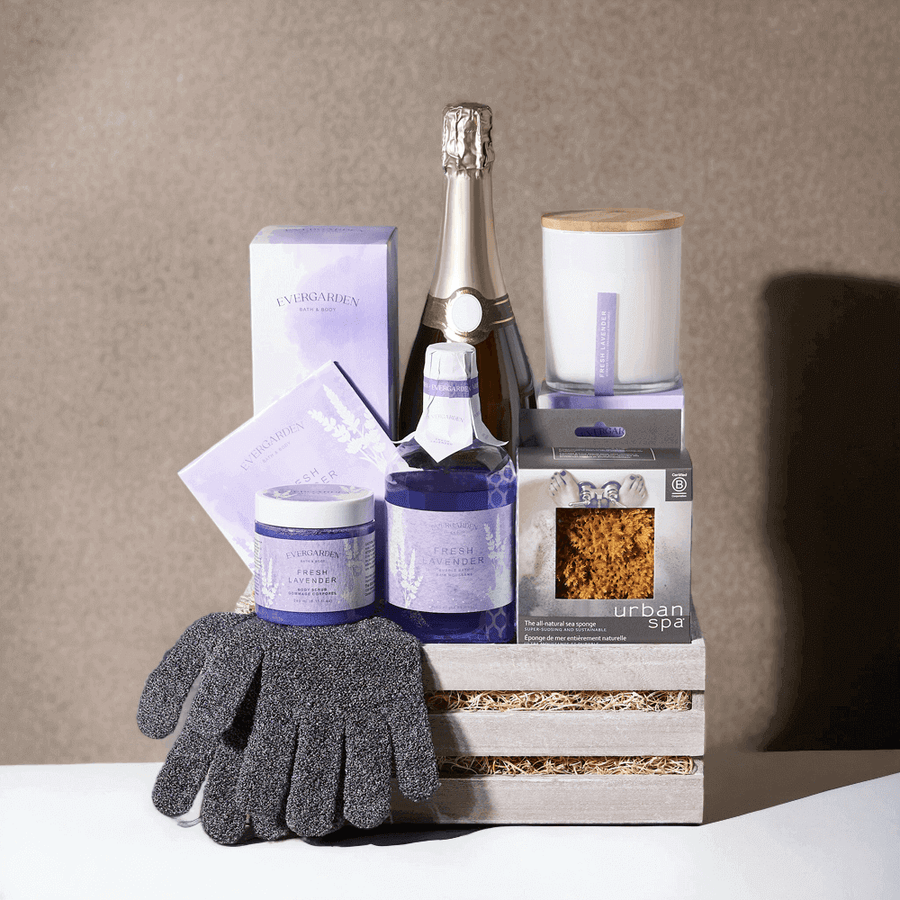 Sparkling Wine Spa Gift Crate that's laden with amazing products like a bottle of sparkling wine (that can be upgraded or customized from our extensive collection of alcohol),