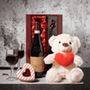 "Love of My Life" Gift Basket Set includes 2 Fontana (Wine Glasses), Wine, Cookies, Accessories, and Plush Tall Cream Heart Bear.