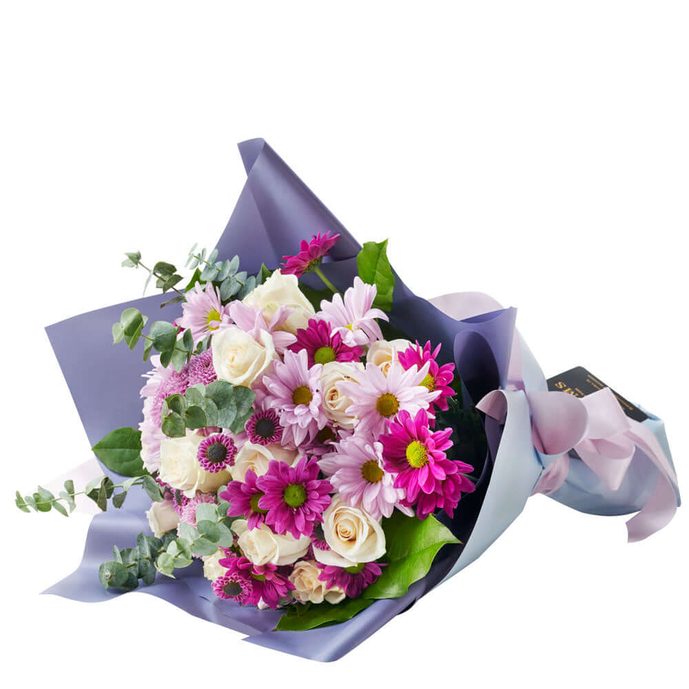 Mixed Lavender Floral Gift Set. Pink and purple roses, daisies, eucalyptus, and salal in a floral wrap and tied with designer ribbon. Floral Gifts from Monthly Sommelier USA - Same Day USA Delivery.