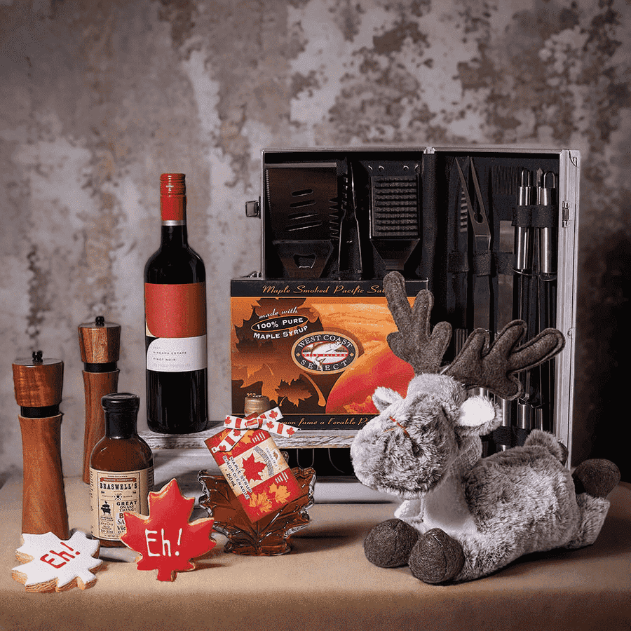 "Oh Canada" Grill Gift Set, features Wine, BBQ Sauce, Syrup, Cookies, Smoke Salmon, Salt & Pepper Mills, Grill Set, and a Playful Moose Plush