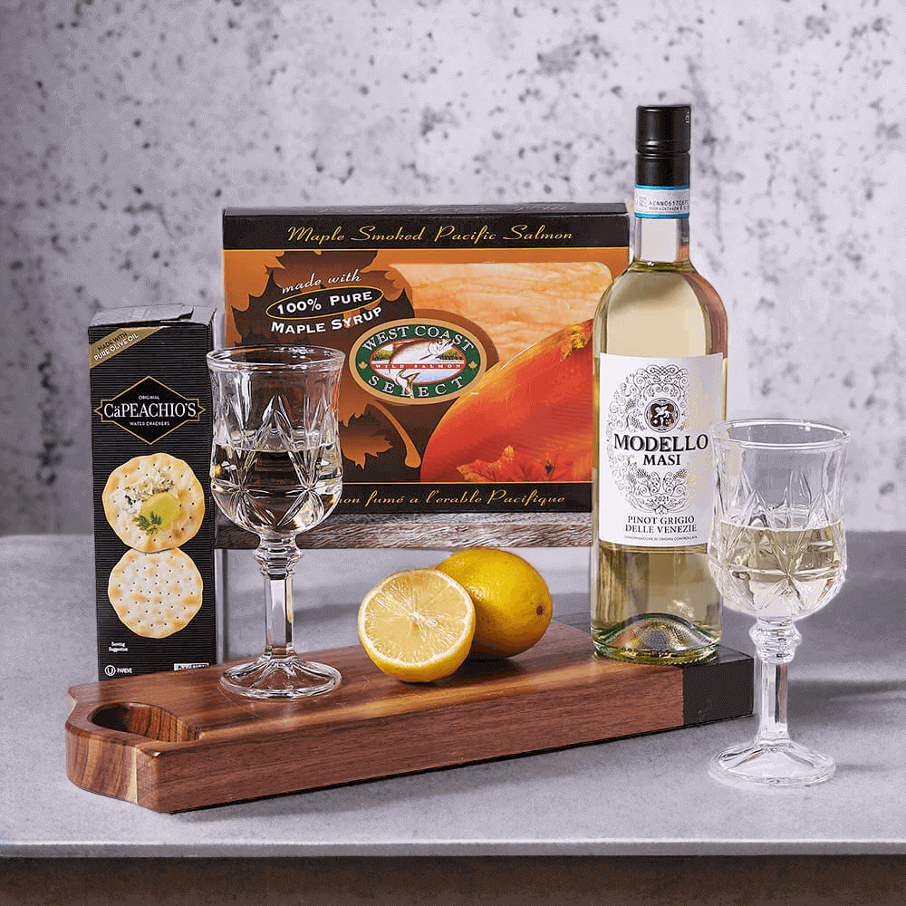 Salmon & Masi Modello Pinot Grigio Delle Venezie Gift Set, wine gift, wine, gourmet gift, gourmet, seafood gift, seafood