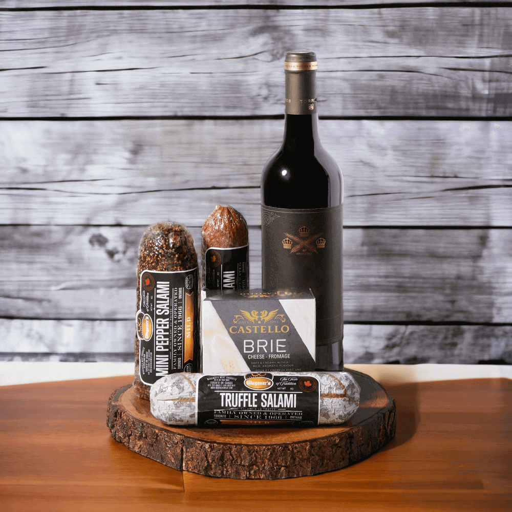 Savoury Gourmet Gift Basket with Wine. Bottle of Red Wine, Truffle Salami, Pepperoni Salami, Mini Pepper Salami, White mould cheese, Live Edge Serving Board. Gourmet Gifts from Monthly Sommelier USA - Same Day USA Delivery.