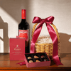 This gift basket includes a bottle of wine, a box of gourmet chocolate truffles, and a charming wicker gift basket. 