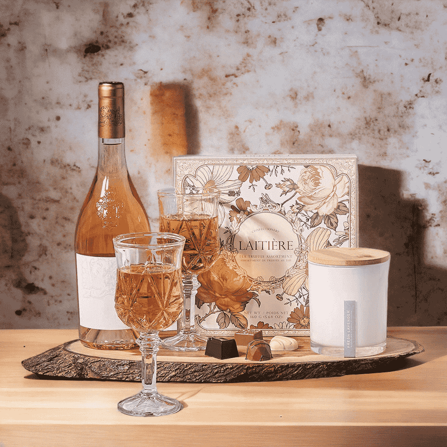 "The Beauty of Love" Wine & Truffle Gift Set with Bottle Of Wine, Chocolates, Glasses, Candle, and Oval Live Edge Cutting Board. 