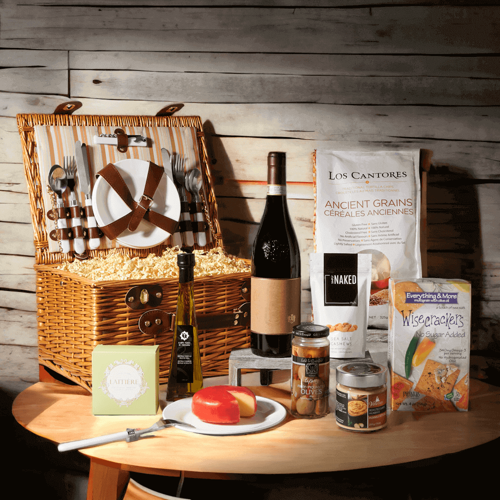 The Heavenly Valley Picnic Basket with Wine from Monthly Sommelier USA -Gourmet Gift Basket - USA Delivery