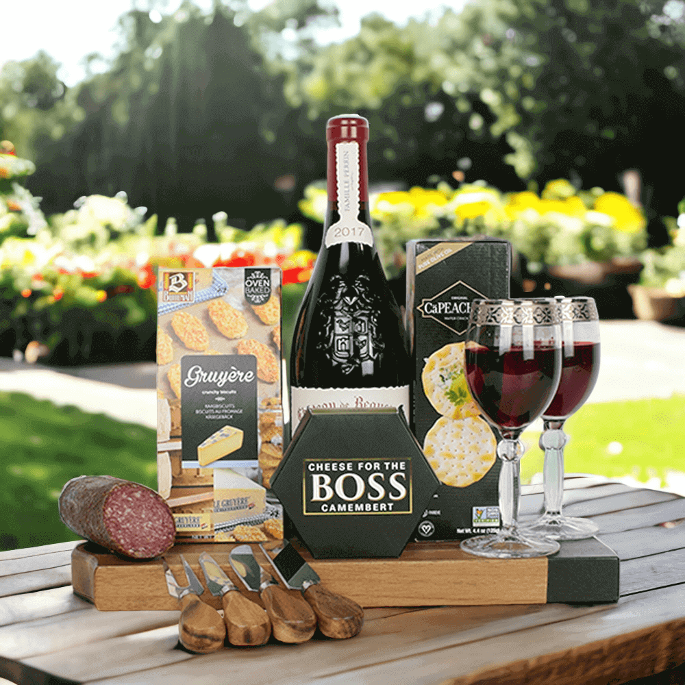 Take your taste buds on a journey through sumptuous flavors and incredible textures with the Supreme Meat & Cheese Wine Gift Set that’s full of gourmet specialties for every occasion.