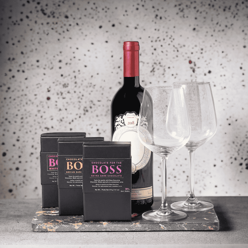 "Triple the Chocolate" Wine Gift Set with Bottle Of Wine, Boss  White Chocolate Box, Boss Medium Dark Chocolate Box, Boss Extra Dark Chocolate Box, Marble Serving Board, and 2 Wine Glasses.
