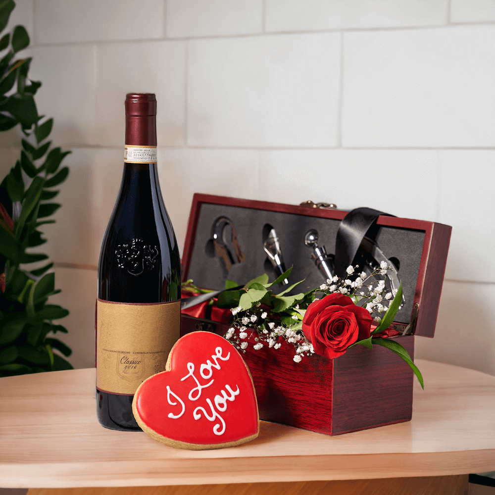 "Love Reigns Supreme" Wine Gift Box Set w/ Wine, Rose, Cookies & a Solid Dark Mahogany Wood Wine presentation gift box w/ (4) accessories.