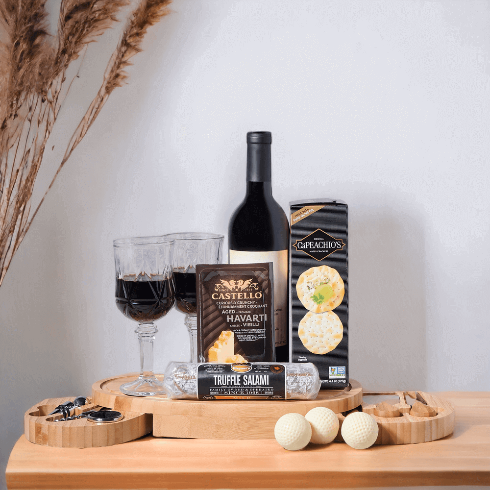 The Wine & Chocolate Golf Balls Cutting Board includes a wonderful assortment of gourmet snacks that are bold, decadent and flavorful.