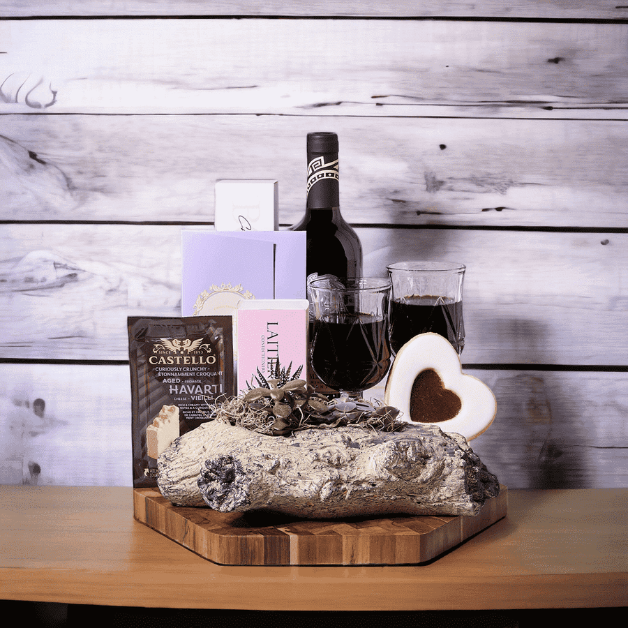 Wine, Chocolate, & Cheese for Two Gift Set, Wine - Bottle of Wine : This gift includes a bottle of red wine. Macarons - LaitiAre Assorted Macaron Box : These assorted macarons from LaitiAre are a delicious and gourmet indulgence. Cutting Board - Hexagonal Acacia End Grain Cutting Board.