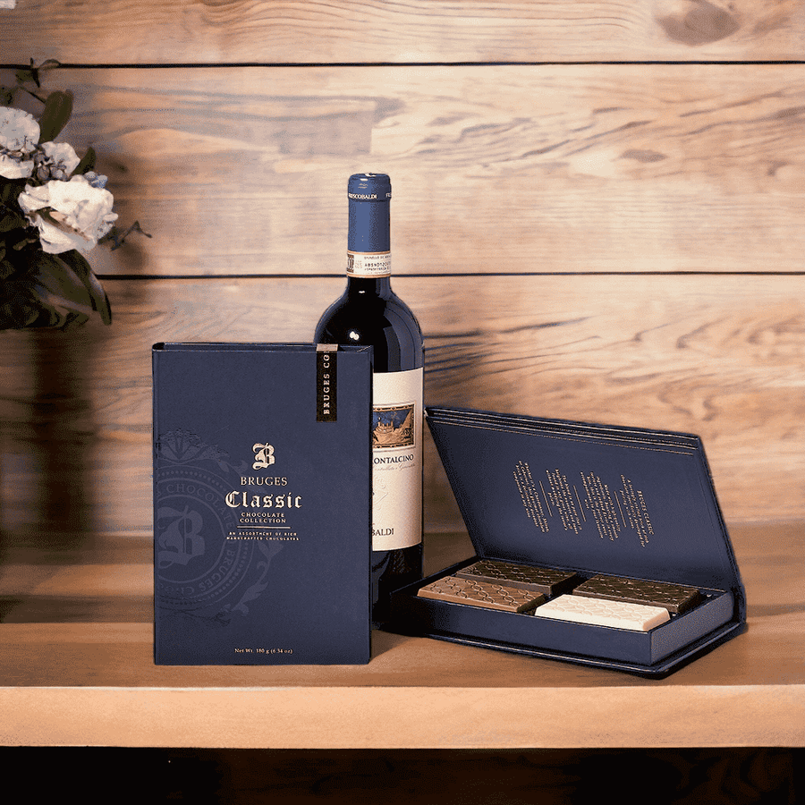 Wine, Chocolate, & Love Gift Set , Chocolate - Bruges Classic Chocolate Collection Book Box : Wine - Bottle of Wine : This gift includes a bottle of red wine. 