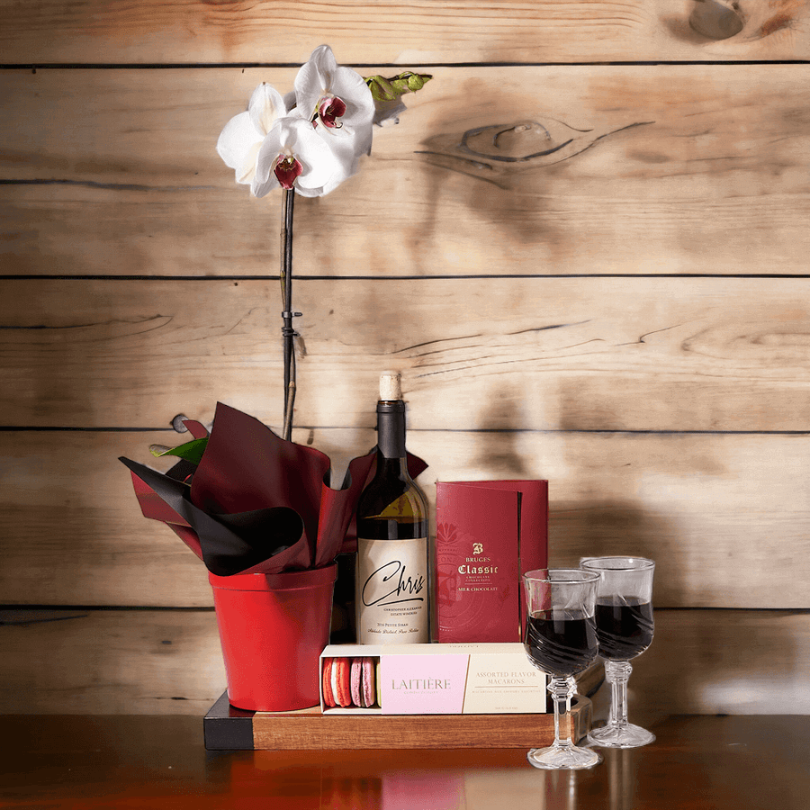 Wine, Macarons, & Orchid Gift Set - Monthly Sommelier delivery - USA delivery